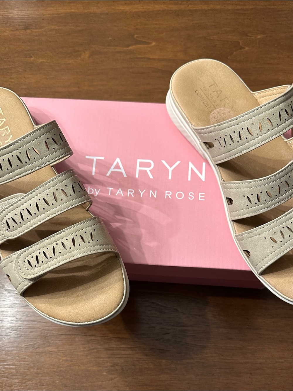 Taryn Rose Neutral Beige Triple-Strap Comfort Sandals